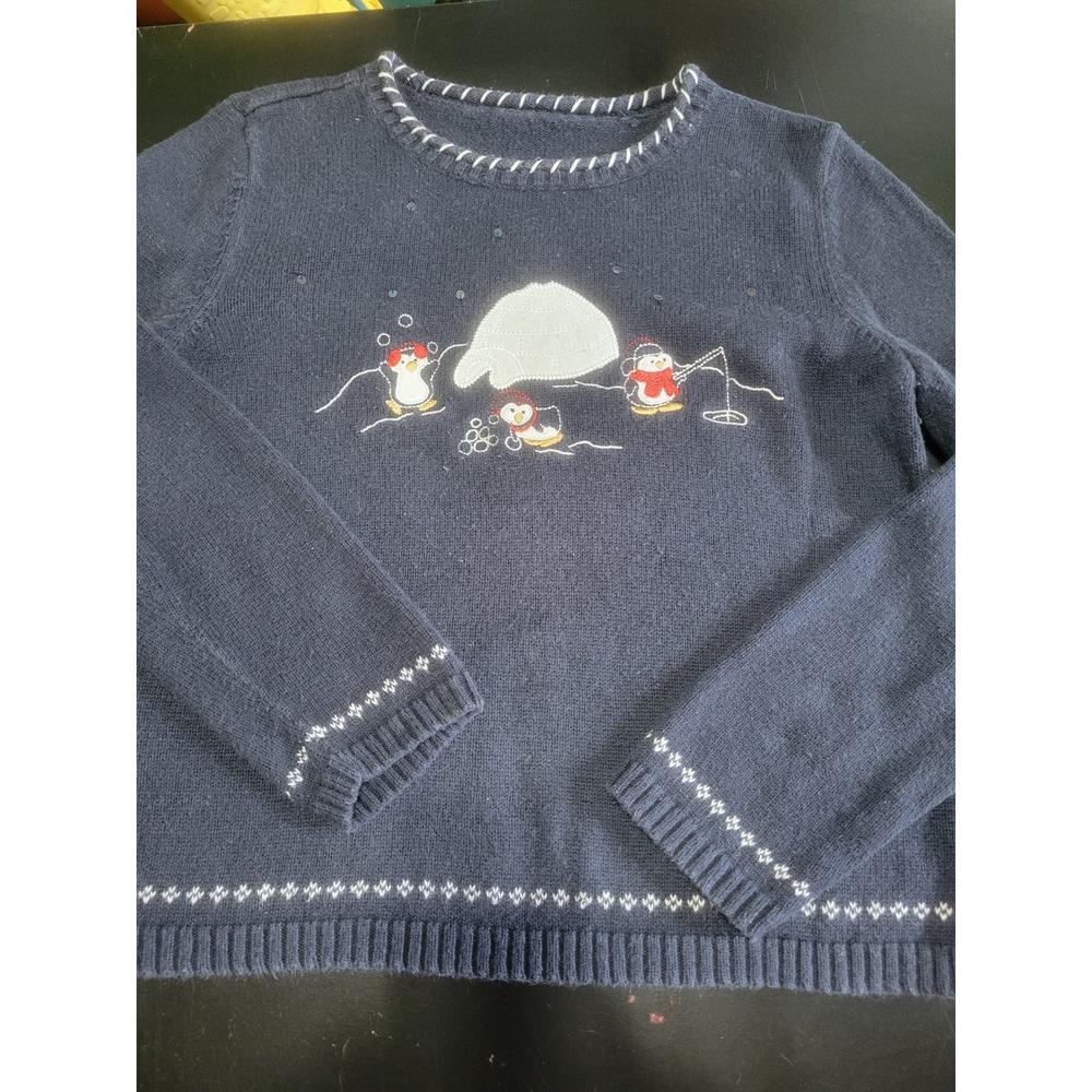 Christopher & Banks Navy Blue Penguin Igloo Winter Embroidered Sweater Womens L